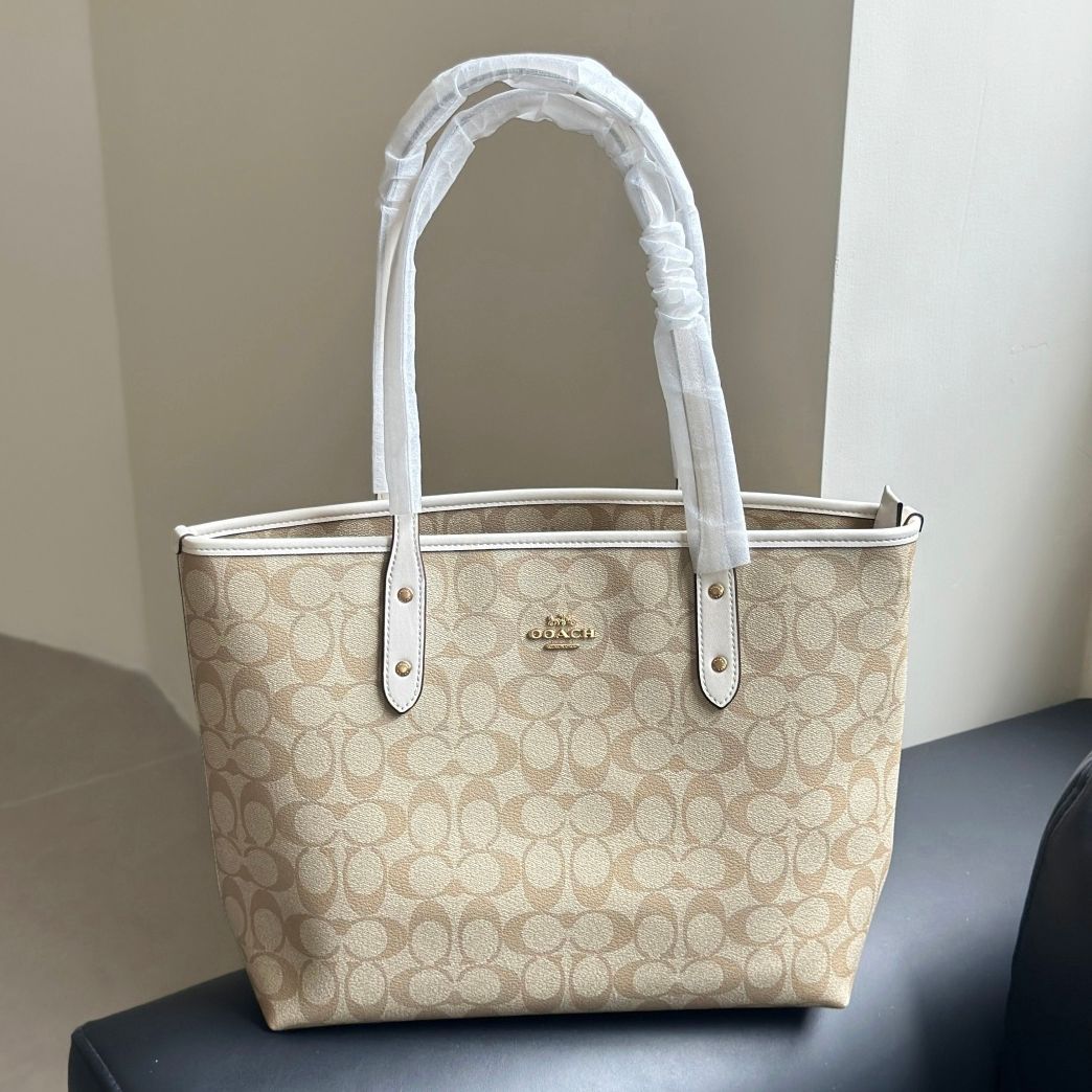 Women's Beige Classic Signature Tote Bag Top Handle Large Capacity White Trim Gold Hardware Zipper Closure Casual Handbag For Work Commute Shopping Travel - 2 of 9