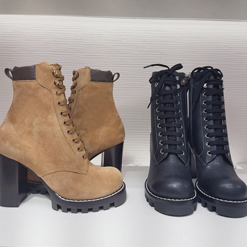 2026 Luxury Star Trail Ankle Boots Premium Women's Suede Calf Leather High-Heel Boot Camel Brown Chunky Block Heels Trendy Winter Footwear 1178 - 7 of 8