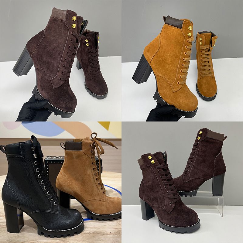 2026 Luxury Star Trail Ankle Boots Premium Women's Suede Calf Leather High-Heel Boot Camel Brown Chunky Block Heels Trendy Winter Footwear 1178 - 1 of 8