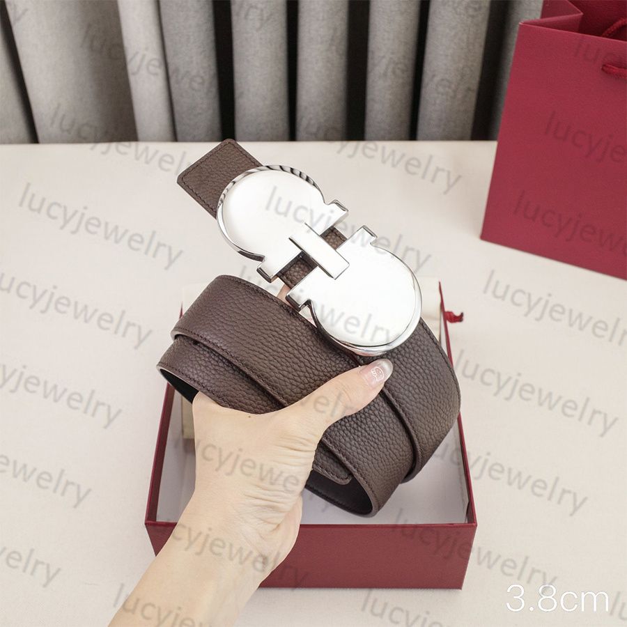 Mens Woman Belt Luxury Genuine Leather Belts Golden Silver Smooth Buckle 3.5cm 3.8cm Width Man Woman Waistband Lychee Texture 16 Model Optional Waist Girdle - 2 of 8