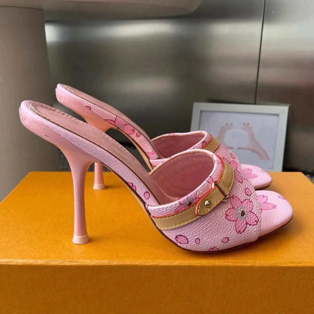 Women's Designer Cat-Heel Denim Mules, Pink Leather High Top, Summer and Autumn Lightweight Luxury Open-Toe Shoes, Elegant Women's Low Heel Shoes, Sizes 36-42 - 2 of 5