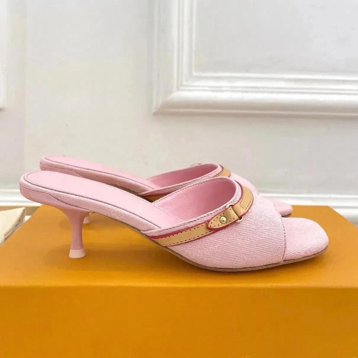 Women's Designer Cat-Heel Denim Mules, Pink Leather High Top, Summer and Autumn Lightweight Luxury Open-Toe Shoes, Elegant Women's Low Heel Shoes, Sizes 36-42 - 5 of 5