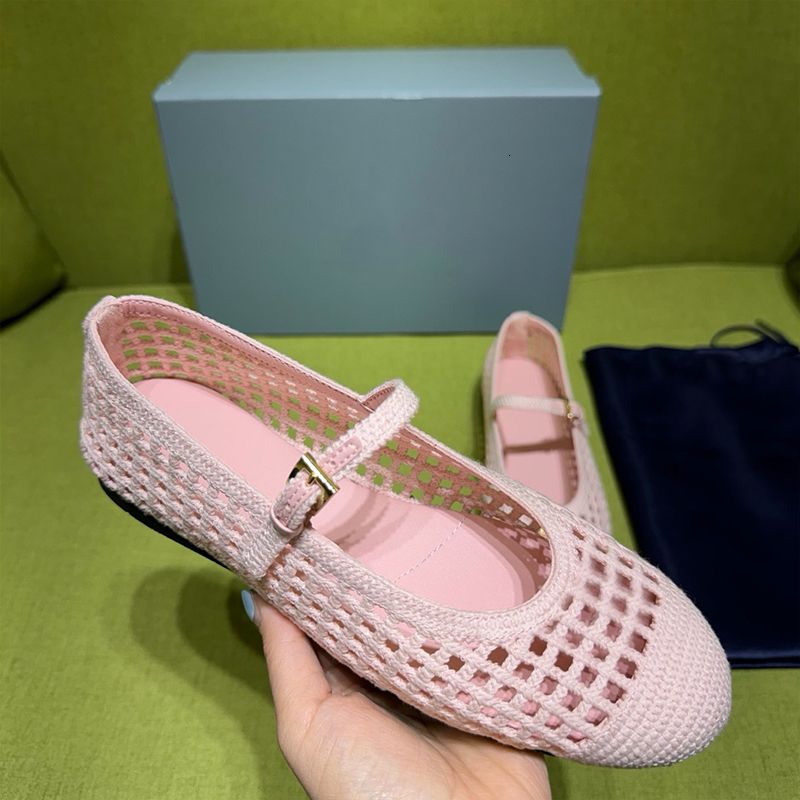 2026 Designer Crochet Knit Hollow Out Ballerina Flats Women Woven Mesh Mary Jane Shoes Triangle Breathable Adjustable Ankle Strap Casual Flat Pumps 1138 - 7 of 8