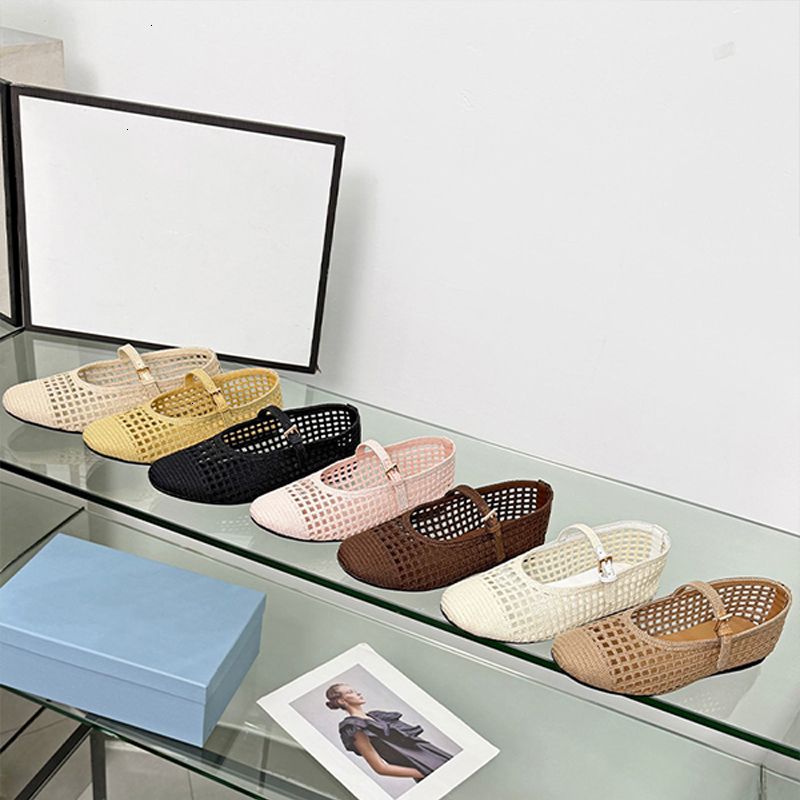 High Quality Crochet Ballet Flats Women Designer Knit Shoes Ladies Hollow Out Woven Mesh Flat Sandals Square Toe Metal Triangle Mary Jane Walking Shoes 1138 - 7 of 8