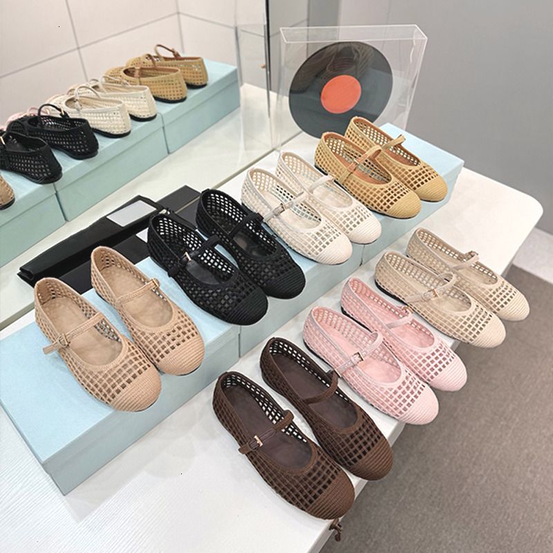 High Quality Crochet Ballet Flats Women Designer Knit Shoes Ladies Hollow Out Woven Mesh Flat Sandals Square Toe Metal Triangle Mary Jane Walking Shoes 1138 - 2 of 8