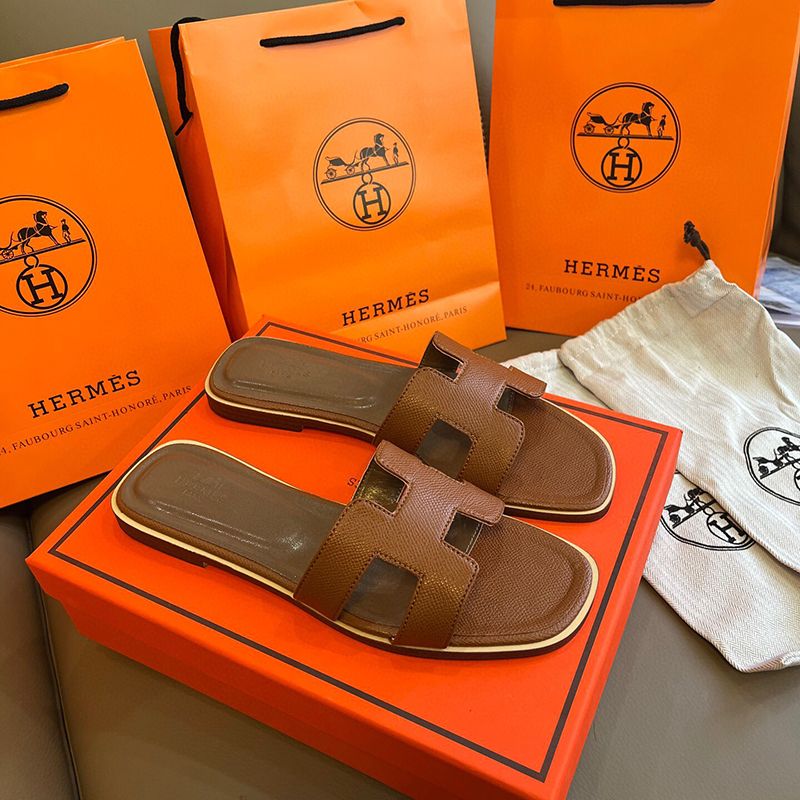 Hermes oran sandals free shipping with box claquette slippers for women designer white pink brown black red luxury flat sandals leather outdoor beach flip flops - 6 of 8