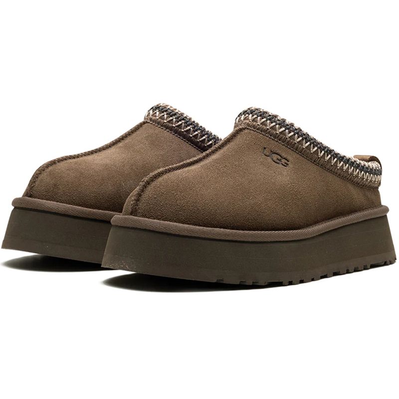 UGG Women's Tazz Platform Slippers Suede Curly Shearling Tribal Stitch Trim Slip On Warm Fur Lined Indoor Outdoor Winter Mule Slides Multiple colors - 2 of 8