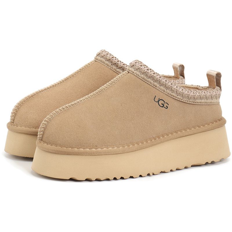 UGG Women's Tazz Platform Slippers Suede Curly Shearling Tribal Stitch Trim Slip On Warm Fur Lined Indoor Outdoor Winter Mule Slides Multiple colors - 3 of 8