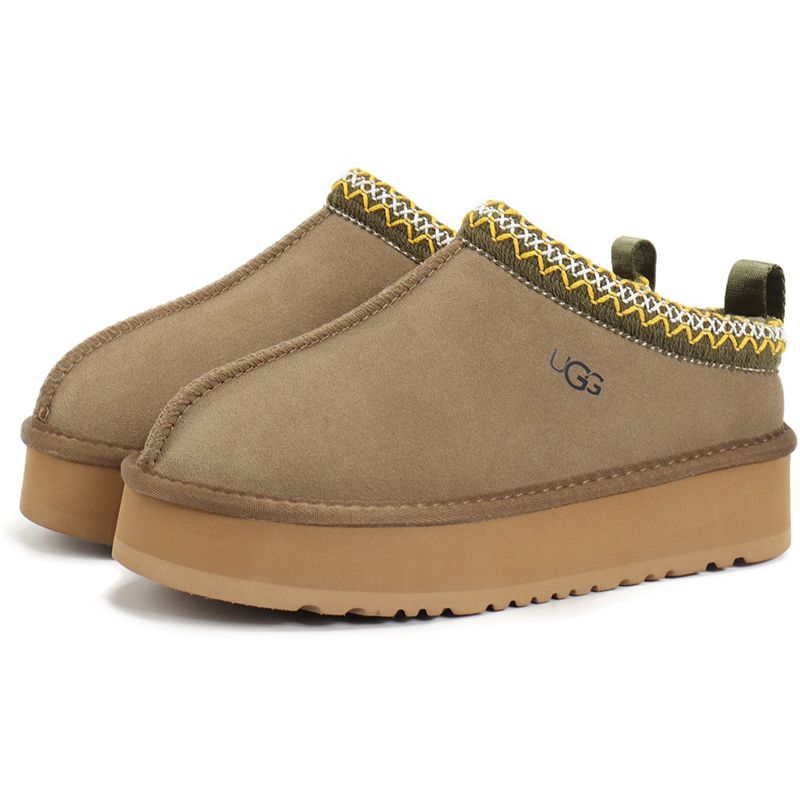 UGG Women's Tazz Platform Slippers Suede Curly Shearling Tribal Stitch Trim Slip On Warm Fur Lined Indoor Outdoor Winter Mule Slides Multiple colors - 5 of 8