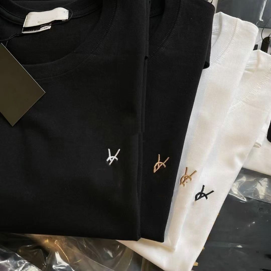 Embroidery Chest Logo Cotton T-shirt Unisex Crew Neck Loose Casual Basic Tee - 2 of 8