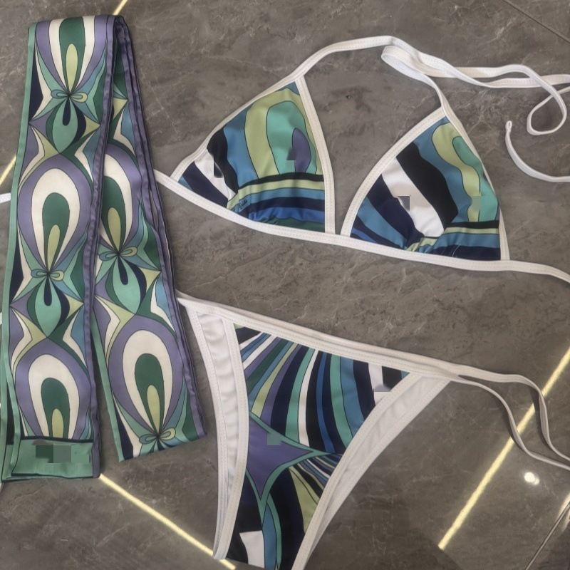 Women's Bikini Swimsuit Colorful Split V Neck 3 Piece Set With Scarf Skirt Sexy Designer Beachwear For Vacation Bathing Suits - 6 of 8