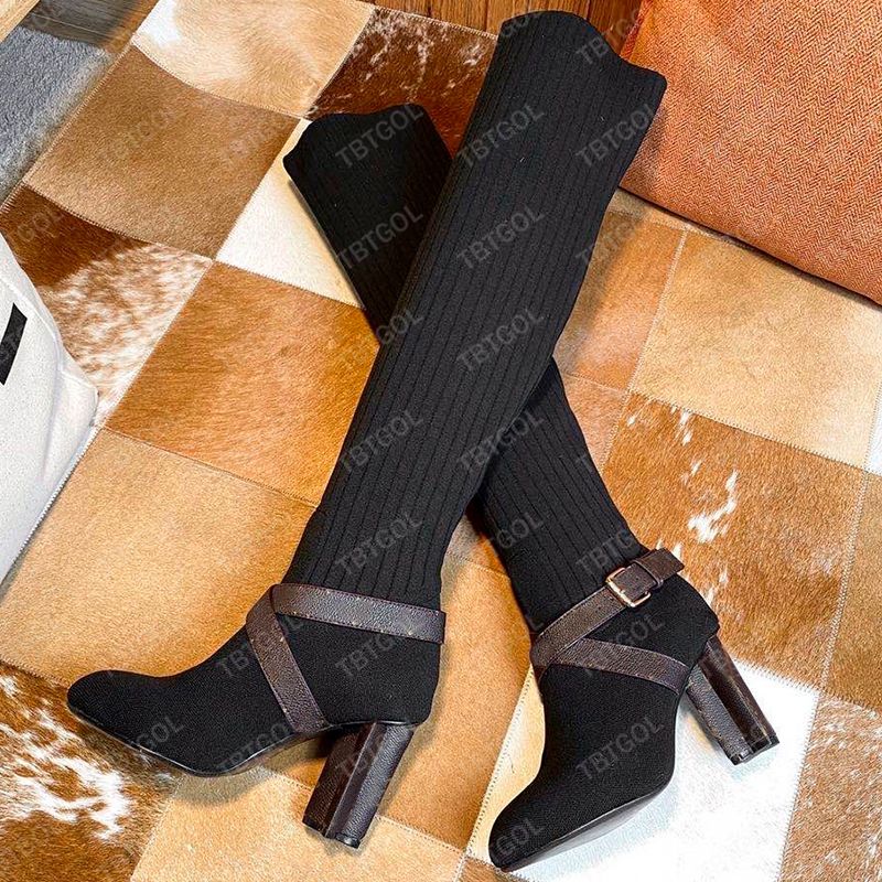 Over The Knee Boot Women Designer Boots Winter Sock Long Boot Adjustable Straps Canvas Zipper Laces Original Shoes Ladies Girls Sexy Knee High Boot 335 - 7 of 9