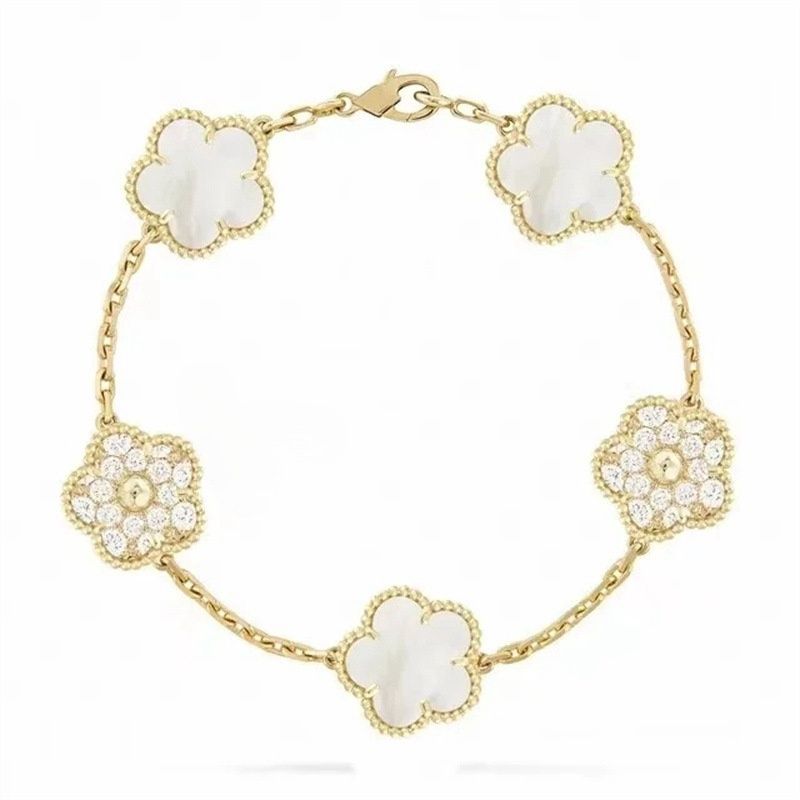 have 5 flower bracelet designer jewelry women bangle classic wedding gift white mother-of-pearl diamond bracelet fashion charm 18K gold plated 4 leaf clover bracelet - 7 of 9