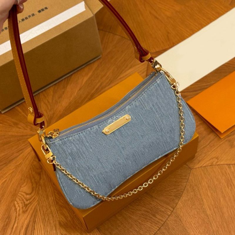 Denim Hobo Designer Shoulder Bags Women's Handbags Totes Leather Trim Casual Chain on The Wallets Fashion Light Blue Liv Tote New - 1 of 8