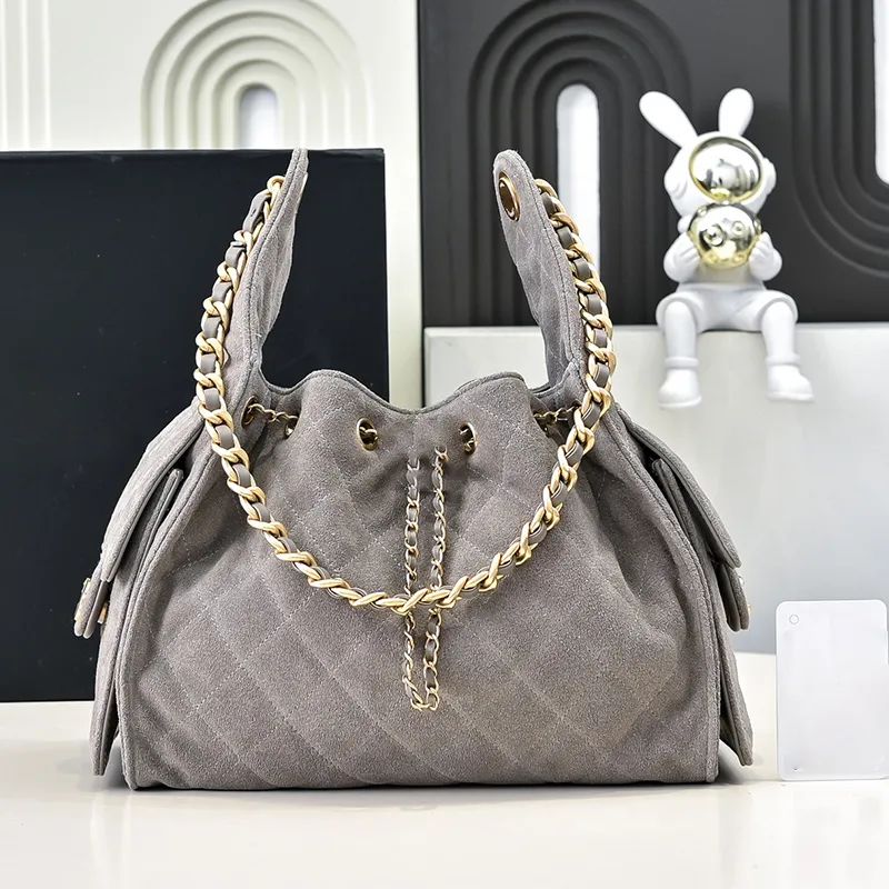 Designer Bag String Bucket Tote bag Large Suede Leather Gray Casual Long Chain Crossbody Fashion with box - 8 of 8