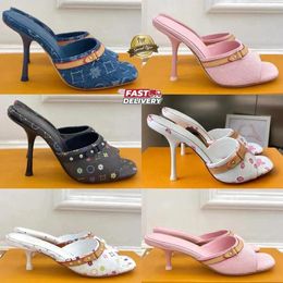 Women's Designer Cat-Heel Denim Mules, Pink Leather High Top, Summer and Autumn Lightweight Luxury Open-Toe Shoes, Elegant Women's Low Heel Shoes, Sizes 36-42 - kalmora