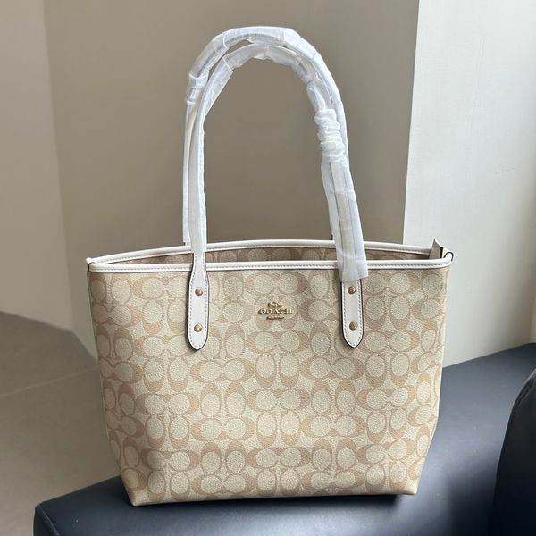 Women's Beige Classic Signature Tote Bag Top Handle Large Capacity White Trim Gold Hardware Zipper Closure Casual Handbag For Work Commute Shopping Travel - Bags, Luggage & Accessories - kalmora