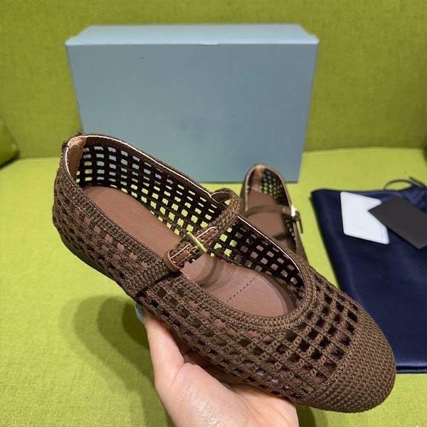 High Quality Crochet Ballet Flats Women Designer Knit Shoes Ladies Hollow Out Woven Mesh Flat Sandals Square Toe Metal Triangle Mary Jane Walking Shoes 1138 - Shoes & Accessories - kalmora