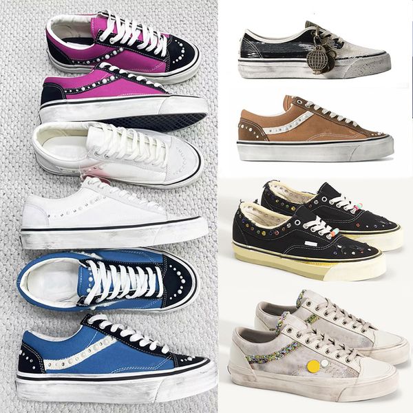 Designer Men Women Vintage Distressed Canvas Trainers Luxury Pearl Side Stripe Sneakers Multi Material Spliced Lace Up Walking Shoes 1083 - Shoes & Accessories - kalmora