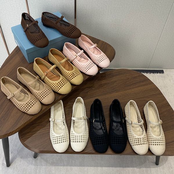 2026 Designer Crochet Knit Hollow Out Ballerina Flats Women Woven Mesh Mary Jane Shoes Triangle Breathable Adjustable Ankle Strap Casual Flat Pumps 1138 - Shoes & Accessories - kalmora