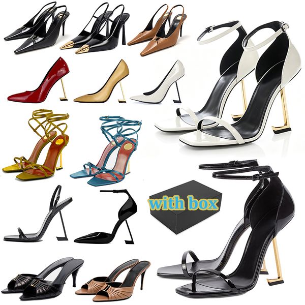 with box designer dress shoes Patent Leather Ankle Strap High Heels popular Sandals for Women Square Open Toe comfort Party Wedding Stiletto gold white - Shoes & Accessories - kalmora