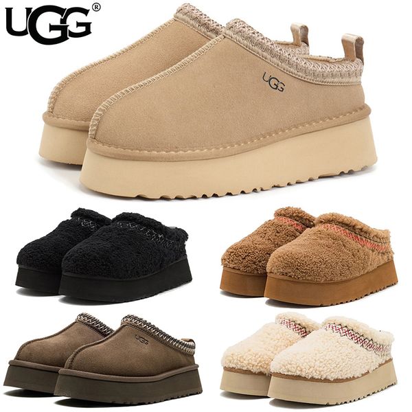 UGG Women's Tazz Platform Slippers Suede Curly Shearling Tribal Stitch Trim Slip On Warm Fur Lined Indoor Outdoor Winter Mule Slides Multiple colors - Shoes & Accessories - kalmora