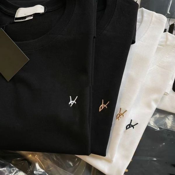 Embroidery Chest Logo Cotton T-shirt Unisex Crew Neck Loose Casual Basic Tee - Apparel - kalmora