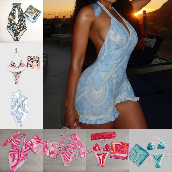 Mixed Prints Bikini Swimwear Headband Scarf Designer Women Sexy V Neck Swimsuits Sarong Skirt Halter Sleeveless Beachwear Beach Holiday Bathing Suits Swimsuit - Apparel - kalmora