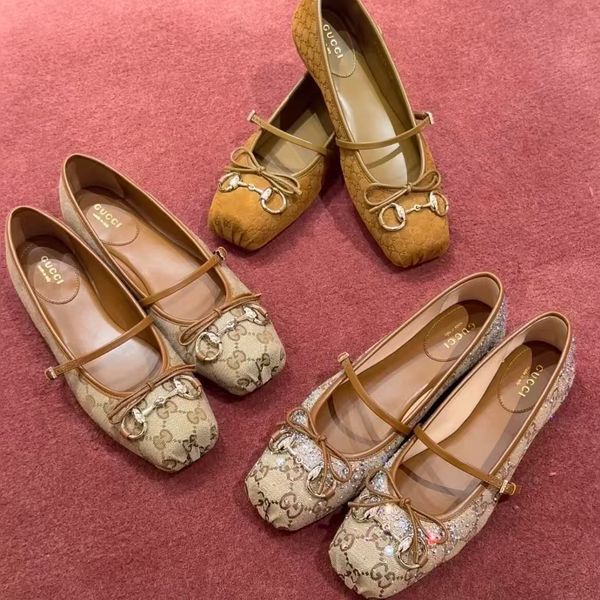 Horsebit Ballet Flat Shoes Designer Shoes Women Dress Fashion Luxury Suede Leather Stin Canvas Pig Nose Square Headbow Mary Jane Shoes - Shoes & Accessories - kalmora