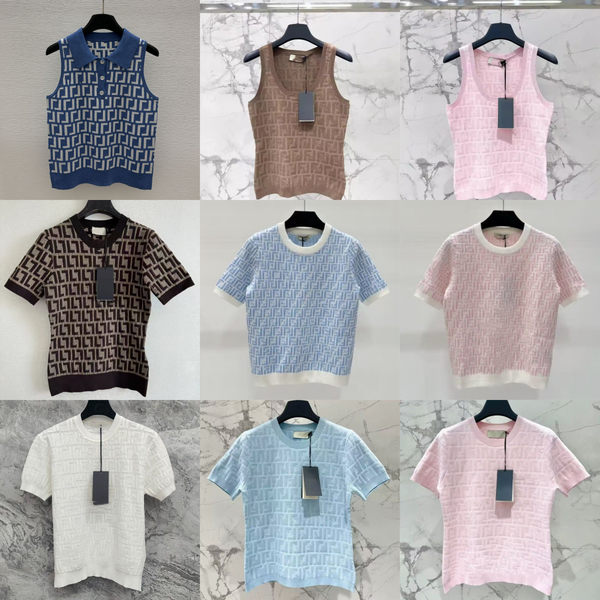Womens Designer T Shirt Luxury Jacquard Knit Short Sleeve Textured Geometric Pattern Slim Fit Summer Tops - Apparel - kalmora