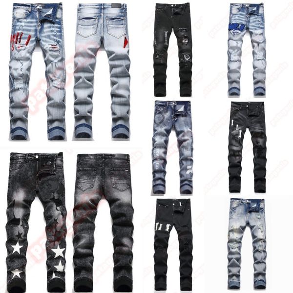Mens Designer jeans Fashion Jeans European America Style Jean Streetwear Letter Embroidery Pants Patchwork Ripped For Motorcycle Pant Skinny Jeans - Apparel - kalmora
