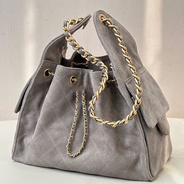 Designer Bag String Bucket Tote bag Large Suede Leather Gray Casual Long Chain Crossbody Fashion with box - Bags, Luggage & Accessories - kalmora