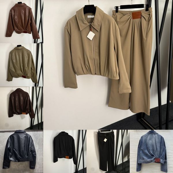 Luxury Zipper Draped Jacket For Women Designer Denim Trucker Coat Long Sleeve Pu Leather Jacket Spring Autumn Elegant Pants Tees - Apparel - kalmora